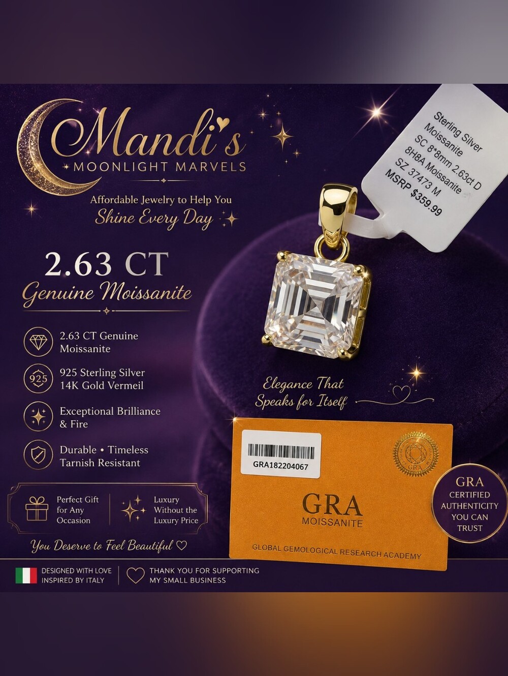 14K Gold Vermeil Square Moissanite Necklace - White